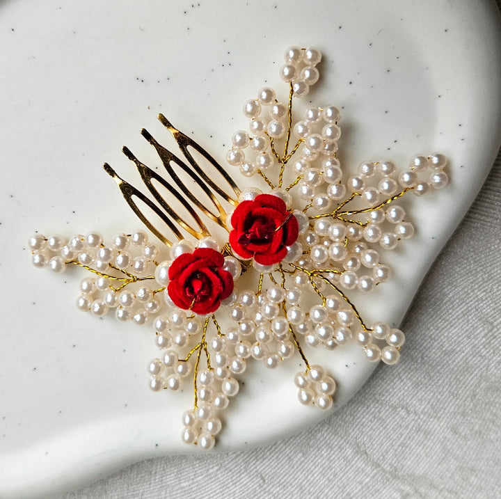 Humna Red Flower Hair Comb Pearl Beads Hair Piec